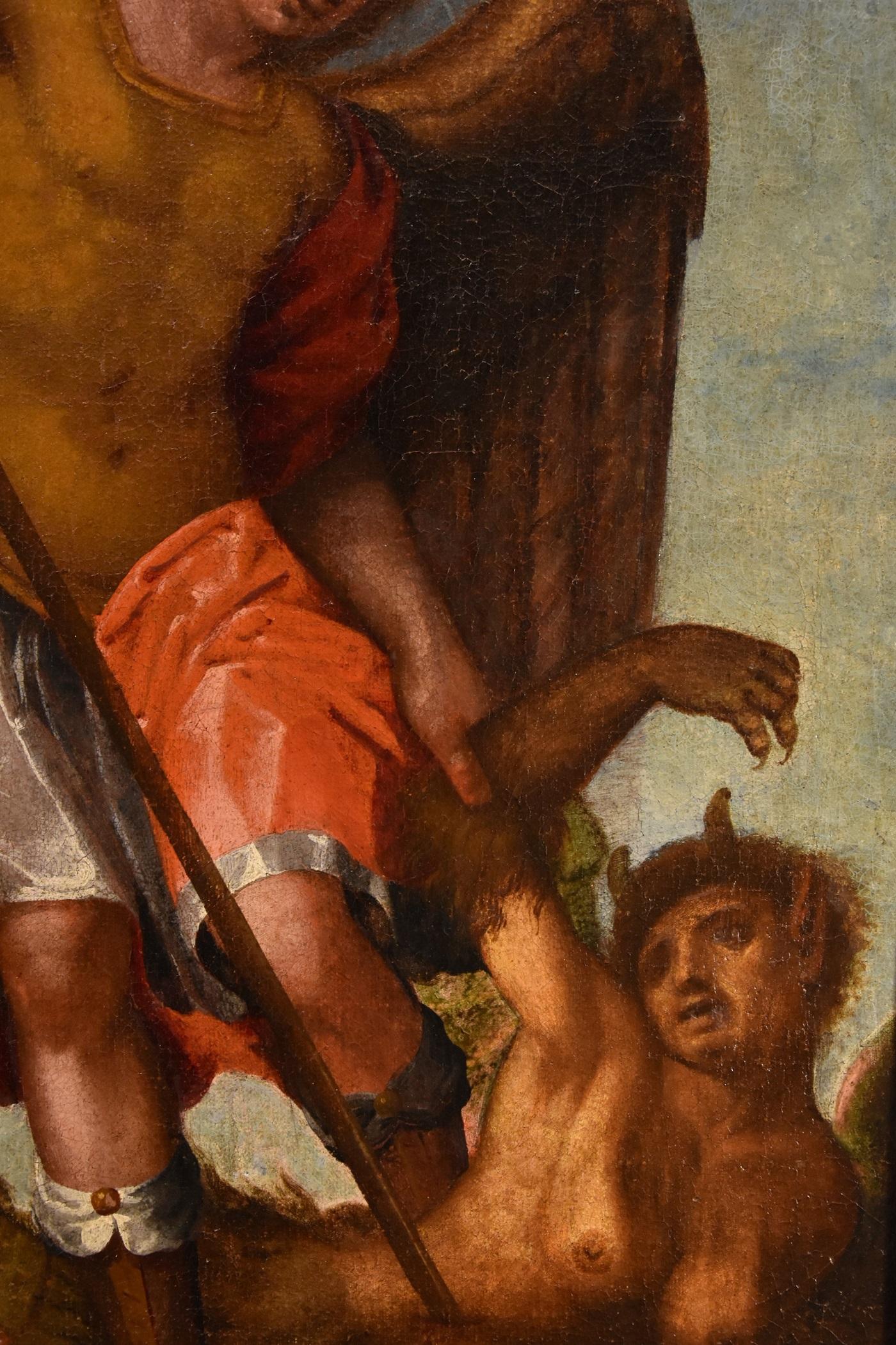San Miguel Arcángel victorioso sobre el Diablo
Toscana - Siglo XVI

Óleo sobre lienzo
68 x 52 cm. - En marco 97 x 78 cm.

De gran carácter es este interesante San Miguel Arcángel sometiendo al diablo, obra de un pintor toscano de pleno siglo XVI,