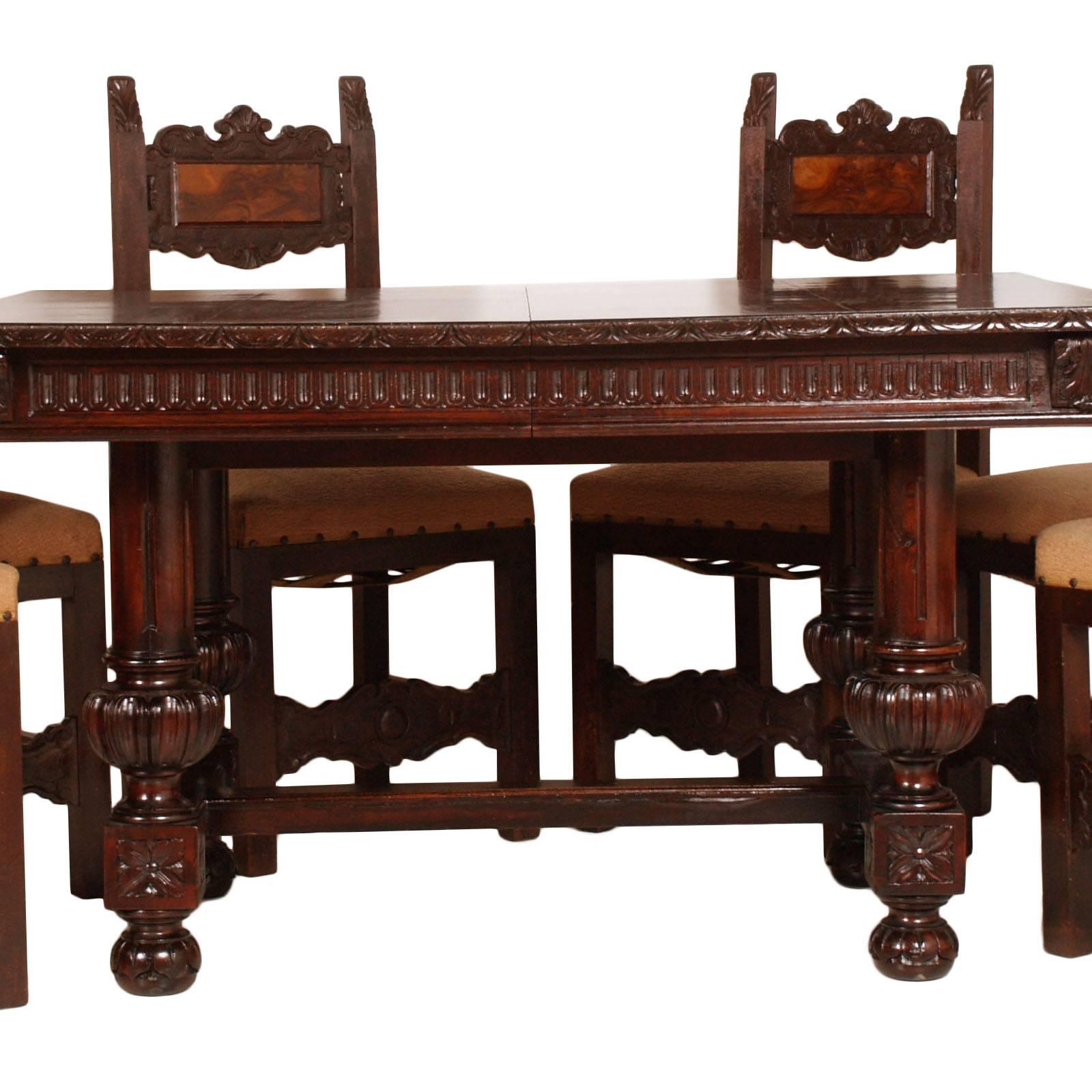 Italian Tuscany 19th Century Renaissance Table with Six Chairs, Hand-Carved Walnut For Sale
