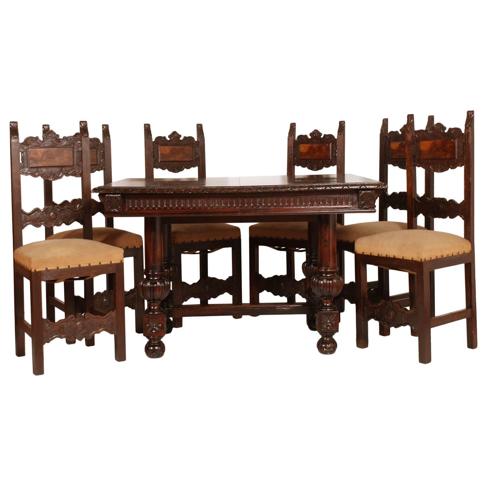 Tuscany 19th Century Renaissance Table with Six Chairs, Hand-Carved Walnut