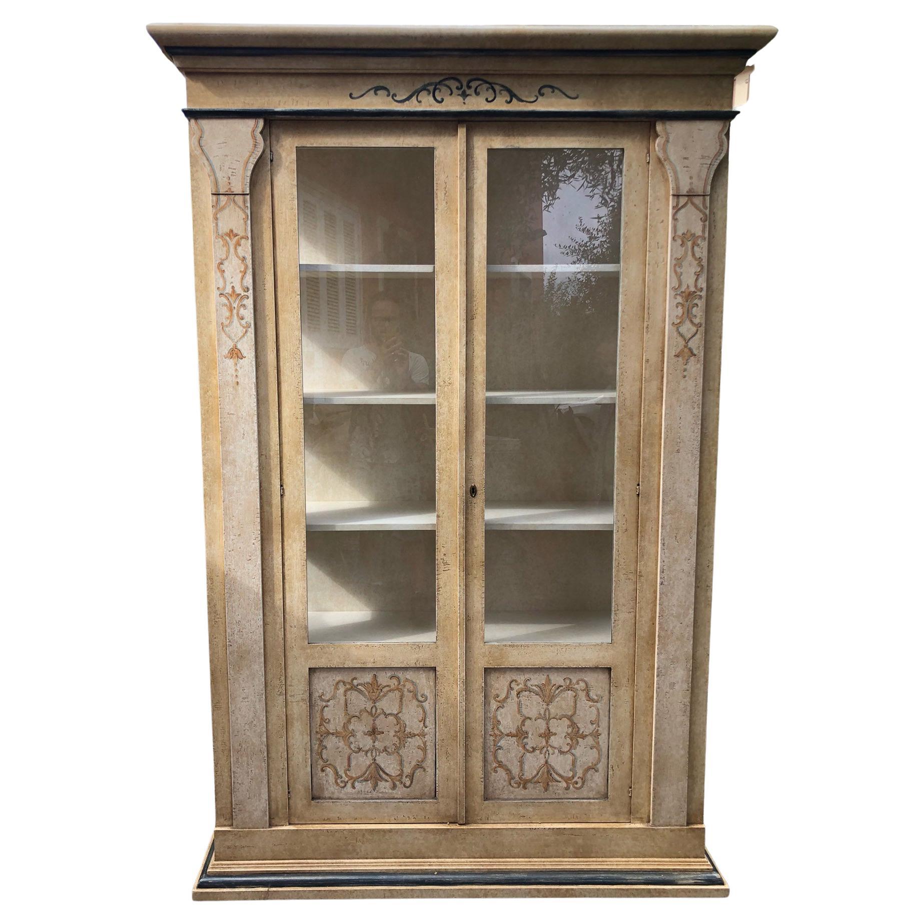 Tuscany Bookcase in Solid Fir, Hand Painted, with Glass on Three Sides For Sale