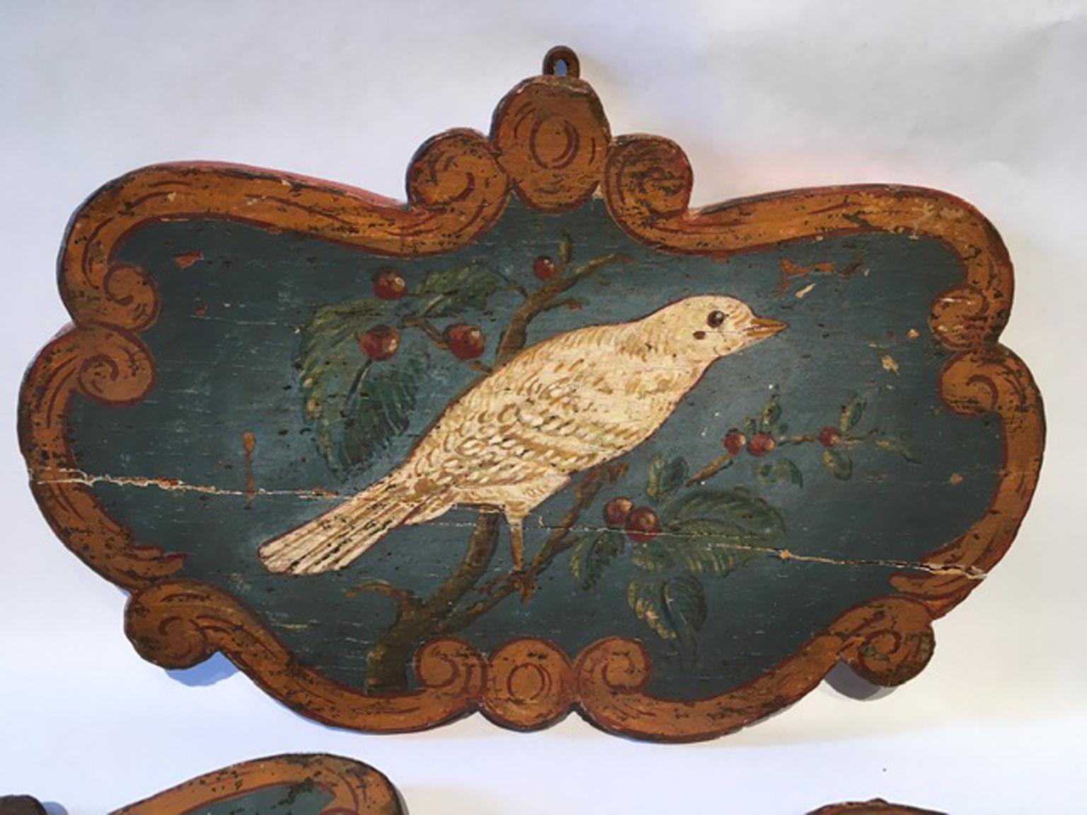 Italy Late 18th Century Set 3 Wooden Birds Painted Panels Boards 9
