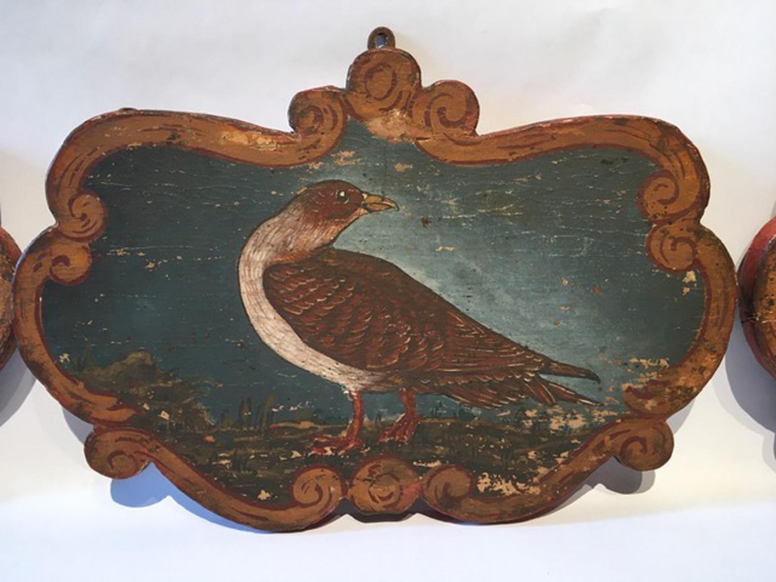 Rustic Italy Late 18th Century Set 3 Wooden Birds Painted Panels Boards