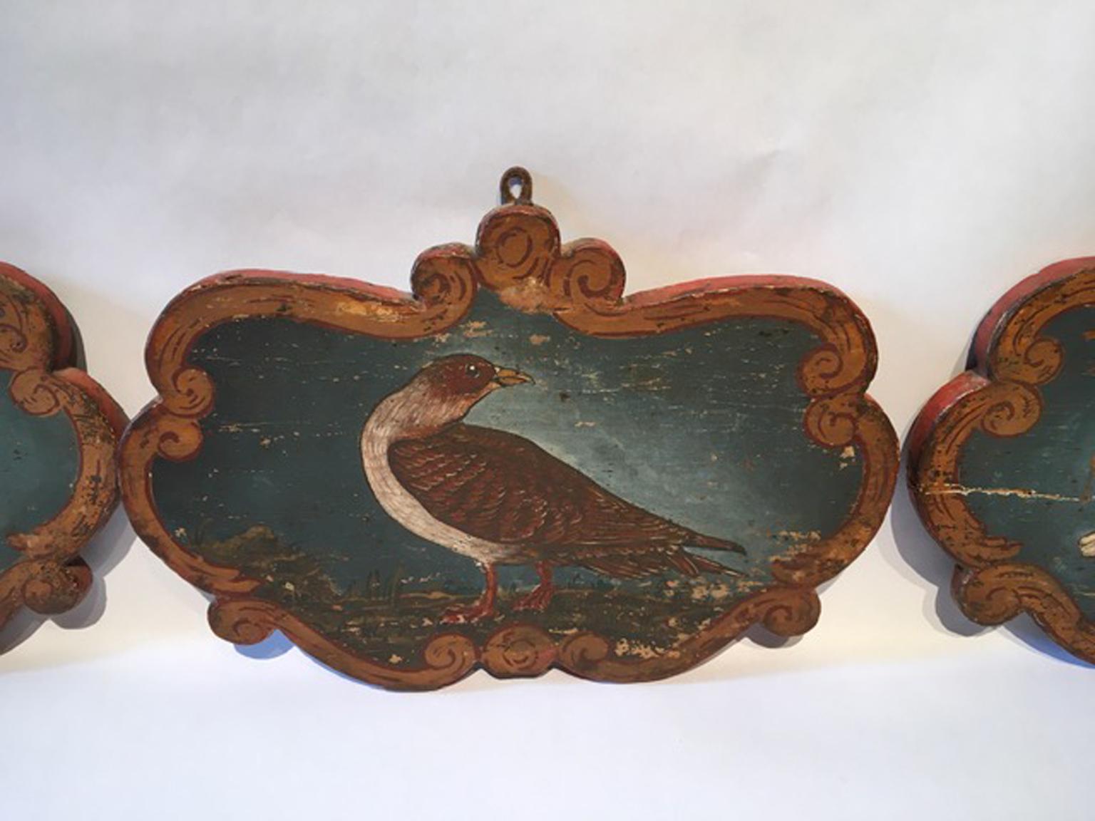 Hand-Crafted Italy Late 18th Century Set 3 Wooden Birds Painted Panels Boards