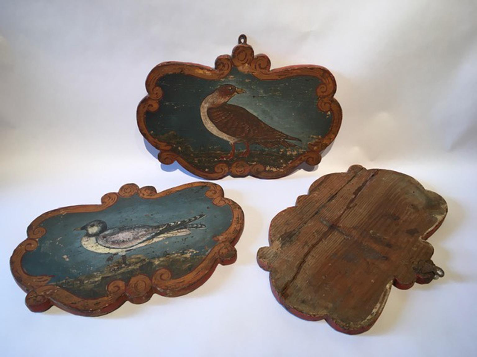 Oak Italy Late 18th Century Set 3 Wooden Birds Painted Panels Boards