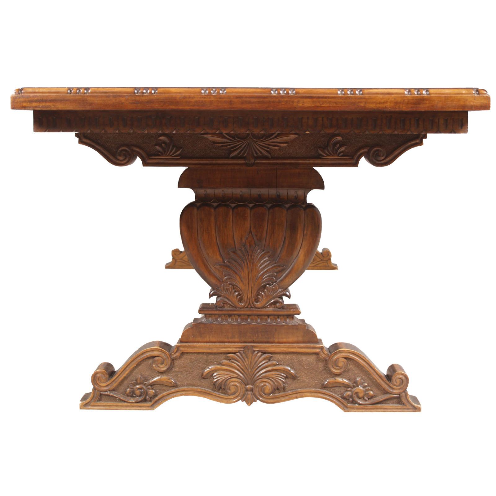 Antique important massive heavy Renaissance Dining Table in Hand Carved Solid Walnut, polished to wax , in excellent conditions, by Michele Bonciani , Cascina , Tuscany .

Measures table cm: H80 W240 D96.

ABOUT MICHELE BONCIANI
The Bonciani firm,