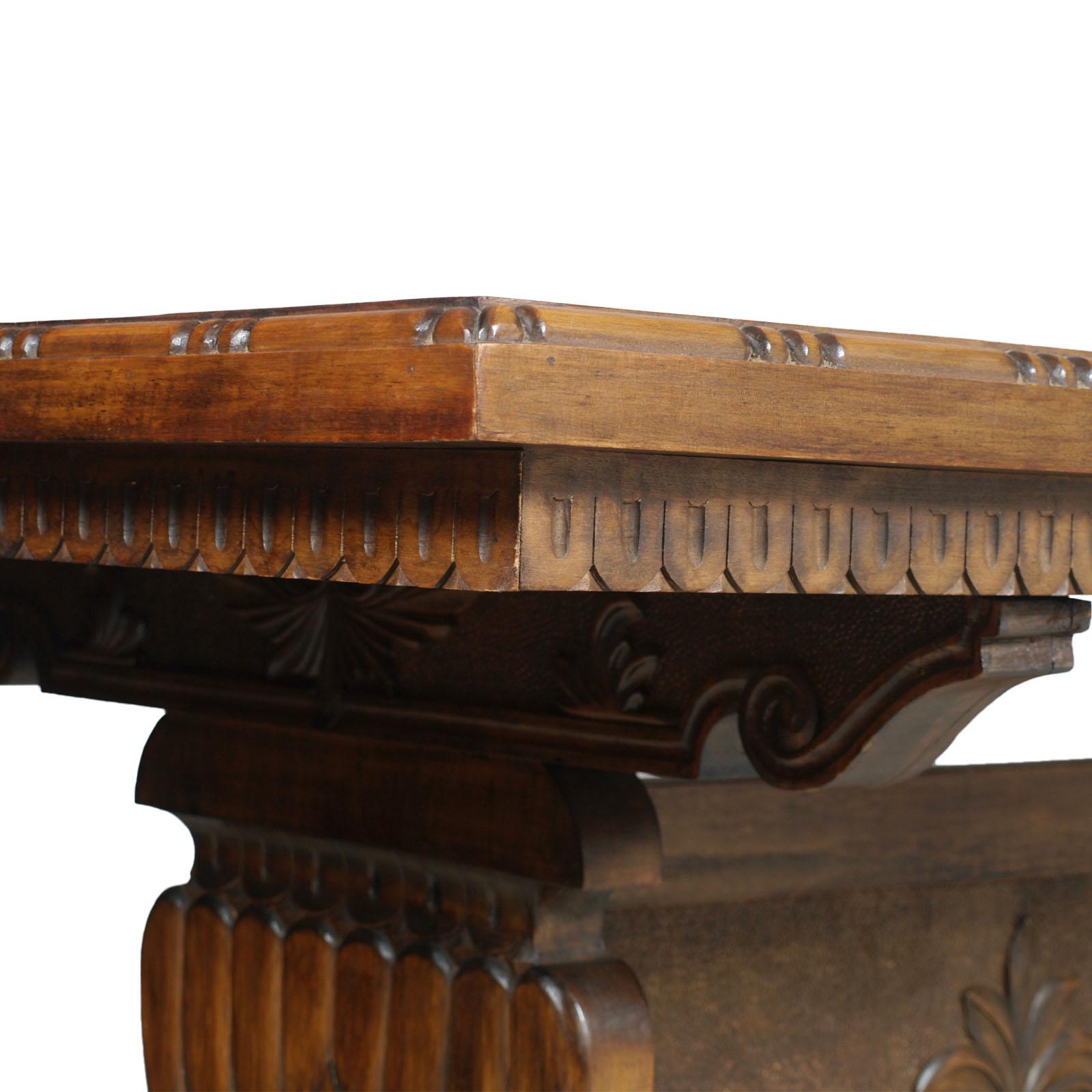 Hand-Carved Antique Important Tuscany Renaissance Dining Table, Hand Carved Solid Walnut  For Sale