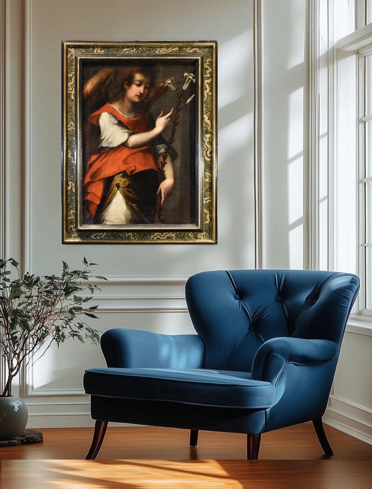 Ange de l'Annonciation Peinture 17ème siècle Huile sur toile Ancien maître Ecole de Toscane en vente 8