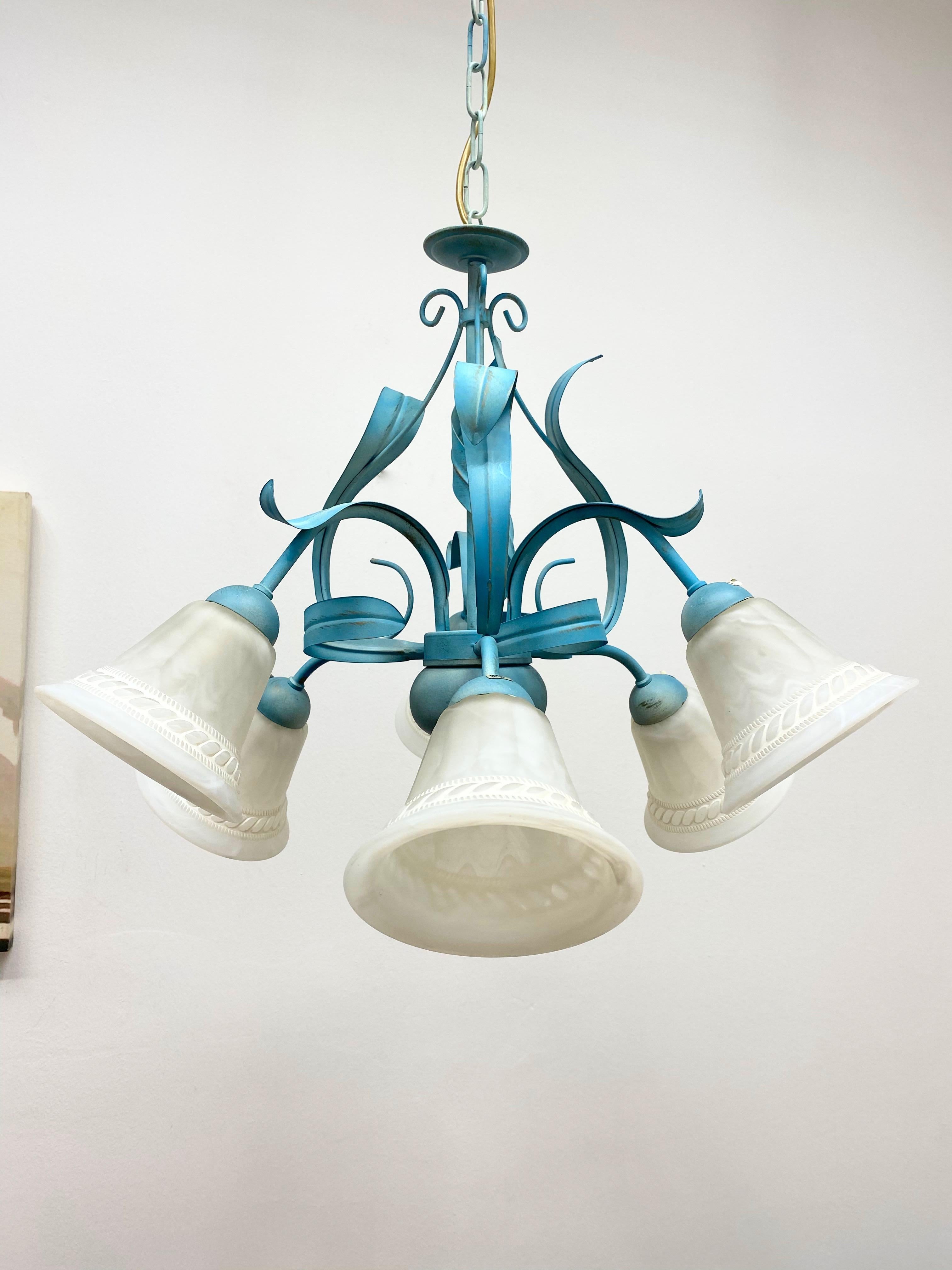 Tuscany Style Chandelier Pendant Light Glass & Blue Colored Metal, 1980s, Italy For Sale 2