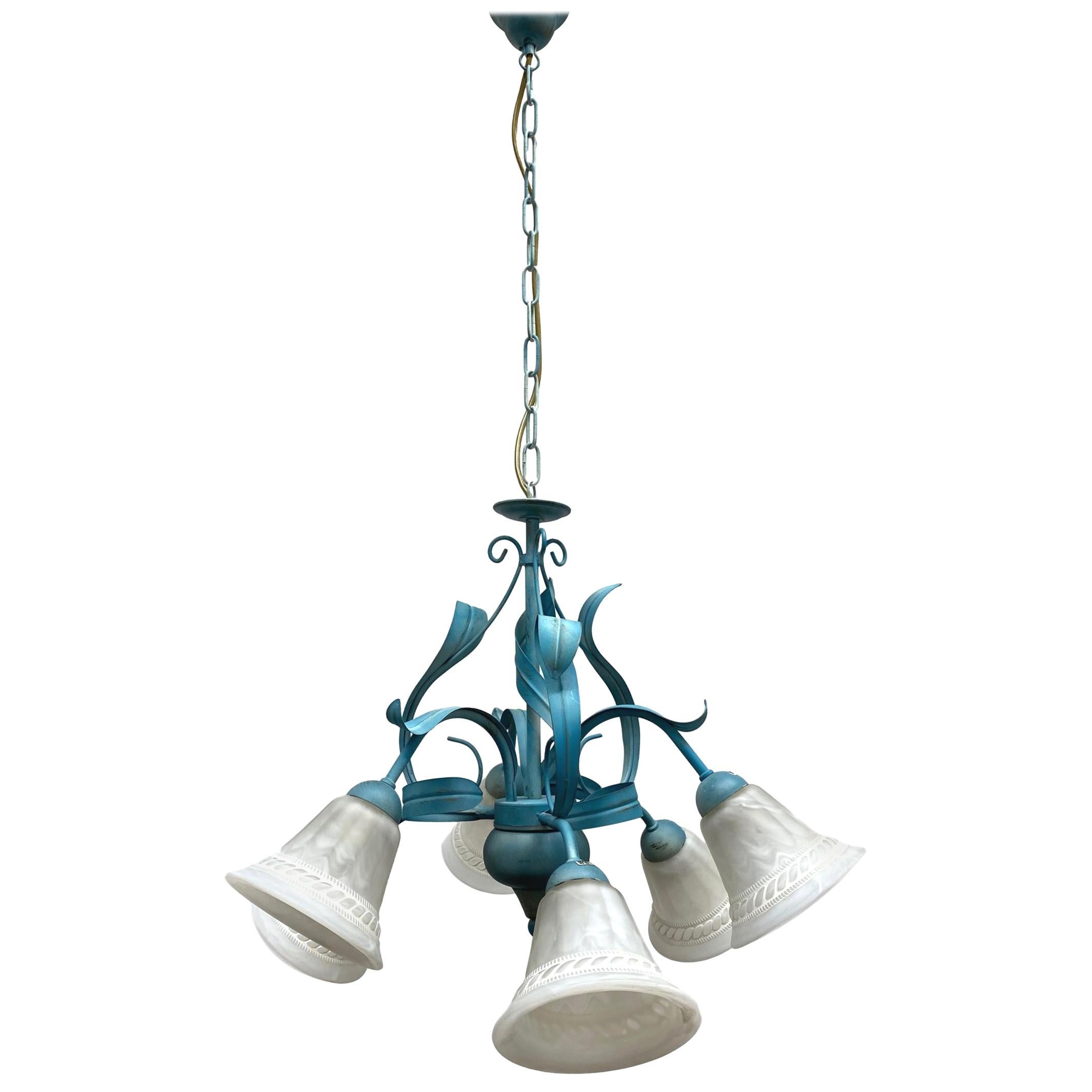 Tuscany Style Chandelier Pendant Light Glass & Blue Colored Metal, 1980s, Italy For Sale