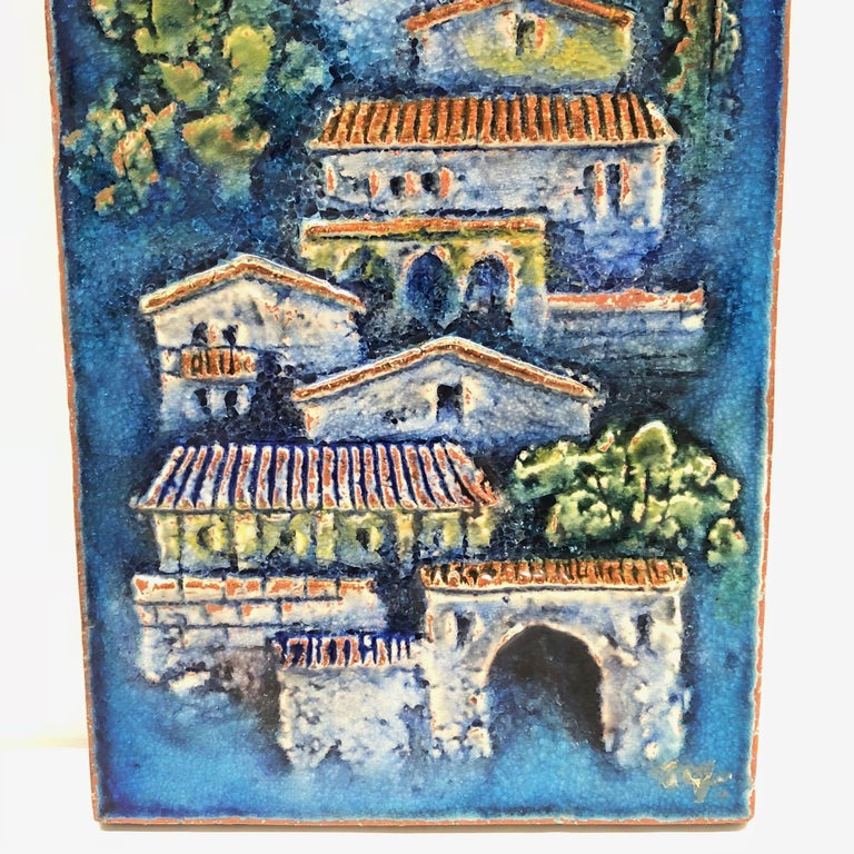 Mid-Century Modern Tuscany Village Majolica Karlsruhe Ceramic Wall Art Plate Panel Vintage, 1970s For Sale