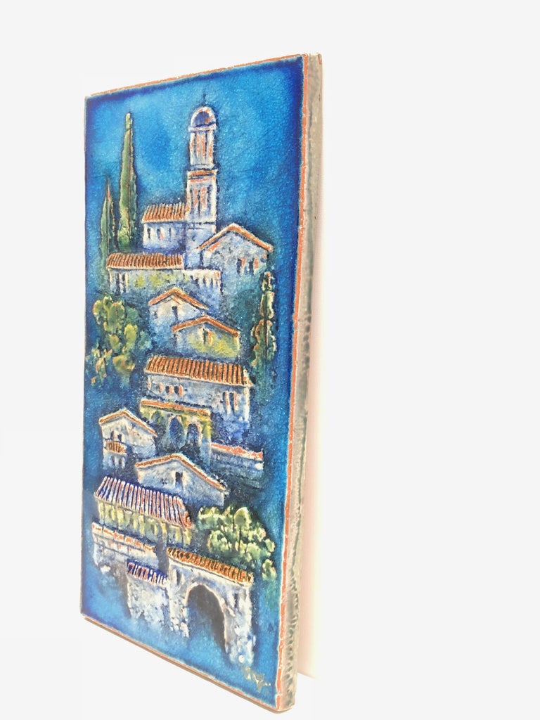 Tuscany Village Majolica Karlsruhe Ceramic Wall Art Plate Panel Vintage, 1970s In Good Condition For Sale In Nuernberg, DE