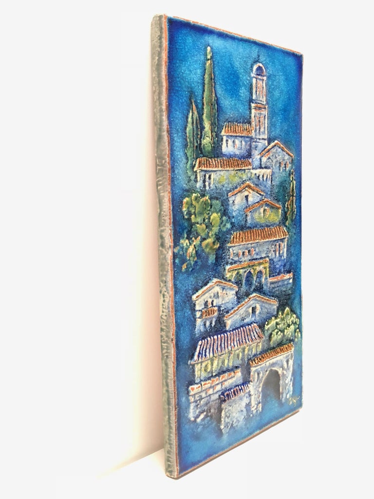 Late 20th Century Tuscany Village Majolica Karlsruhe Ceramic Wall Art Plate Panel Vintage, 1970s For Sale
