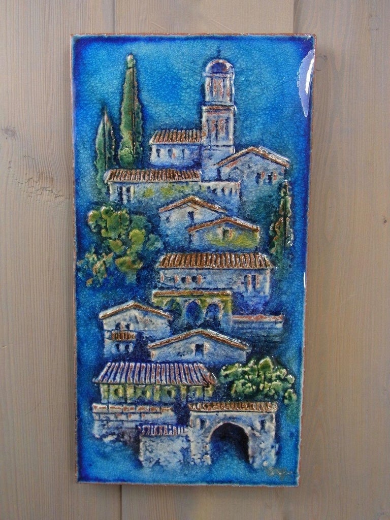 Tuscany Village Majolica Karlsruhe Ceramic Wall Art Plate Panel Vintage, 1970s For Sale 3