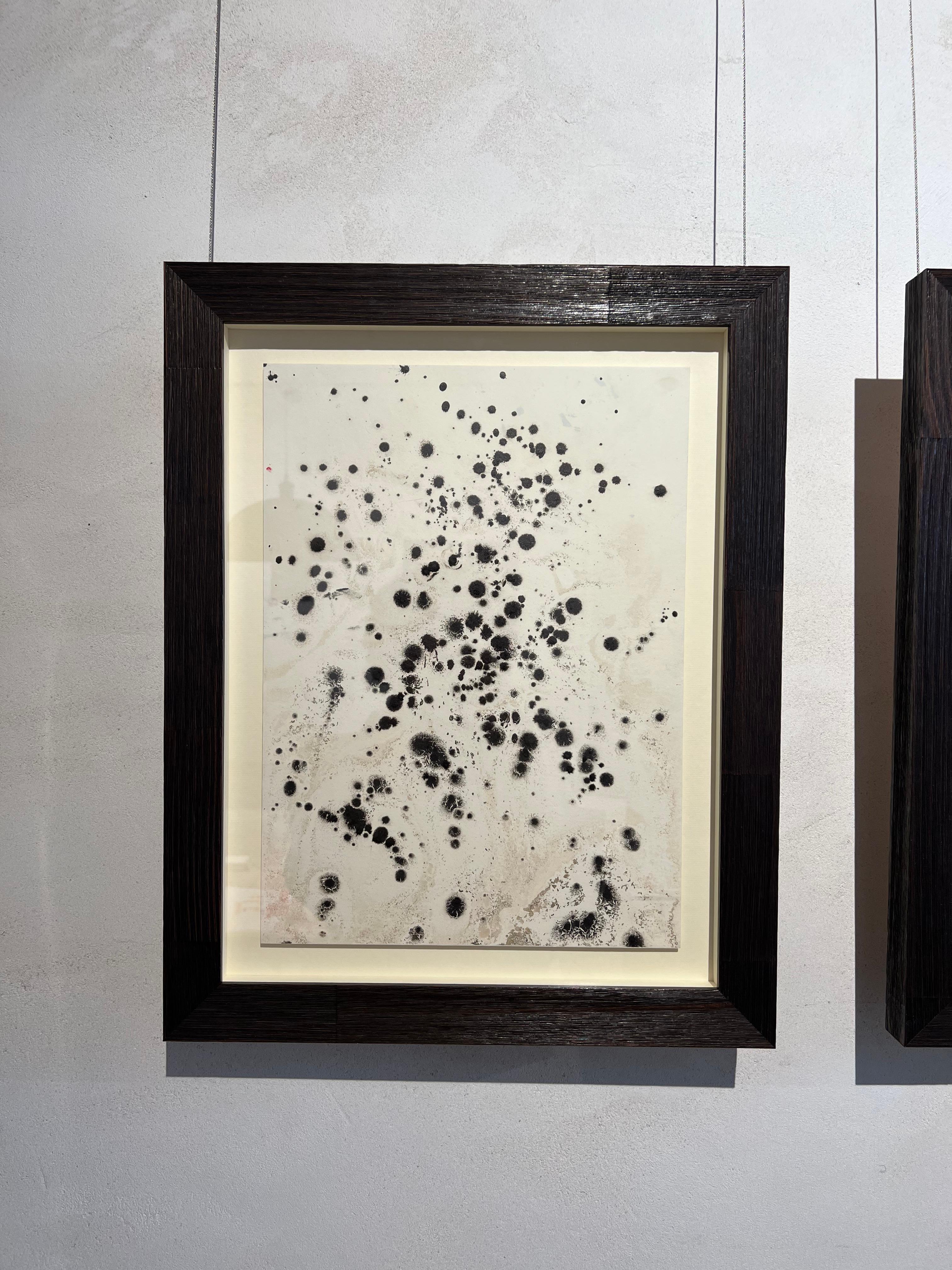 Set of Informalism landscapes, ink on white paper with Oak Frame, 53 x 42 cm - Painting by TUSET