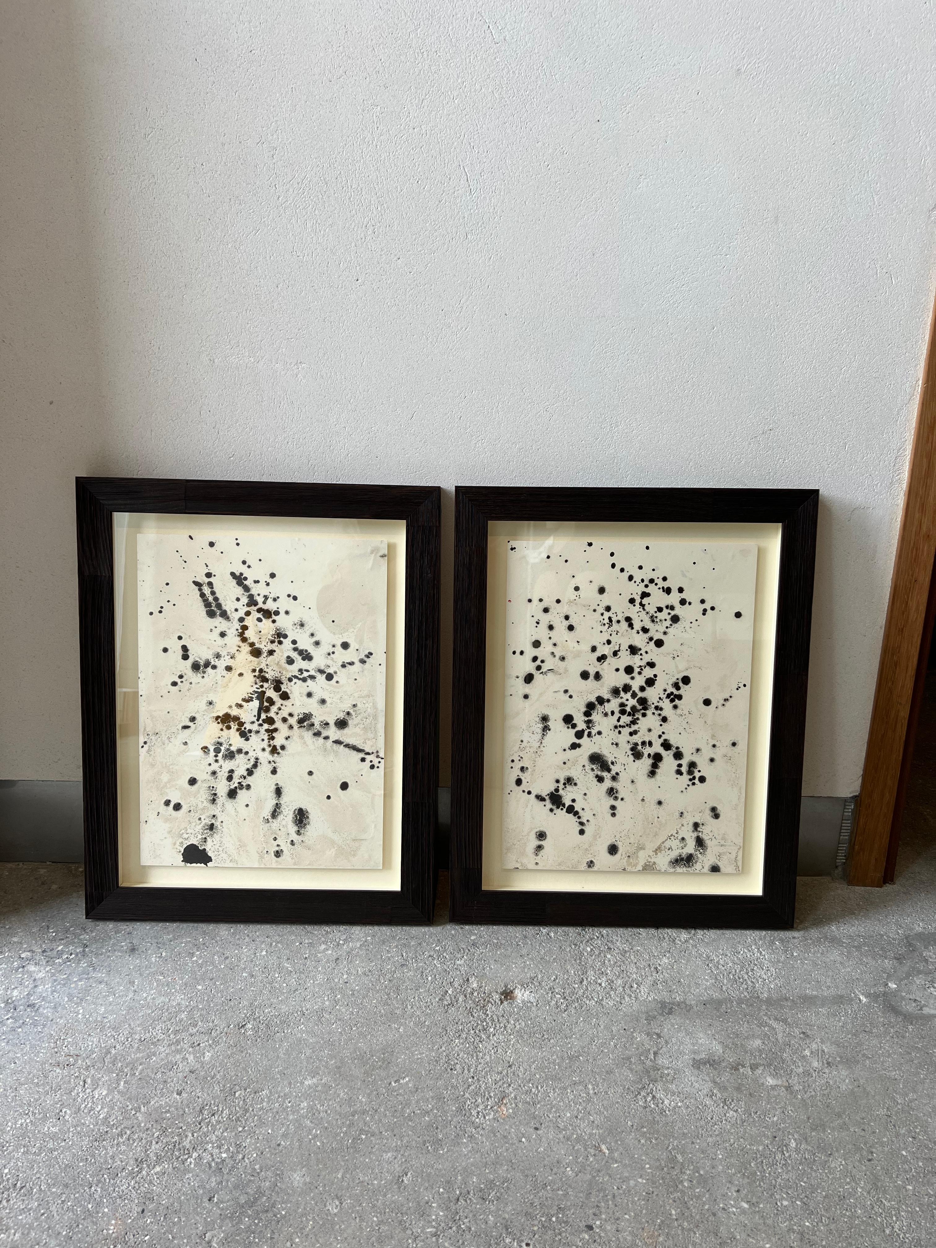 Set of Informalism landscapes, ink on white paper with Oak Frame, 53 x 42 cm - Gray Landscape Painting by TUSET