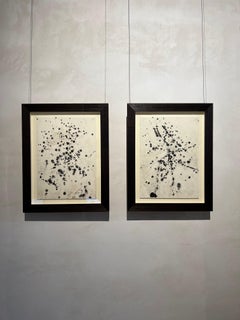 Set of Informalism landscapes, ink on white paper with Oak Frame, 53 x 42 cm