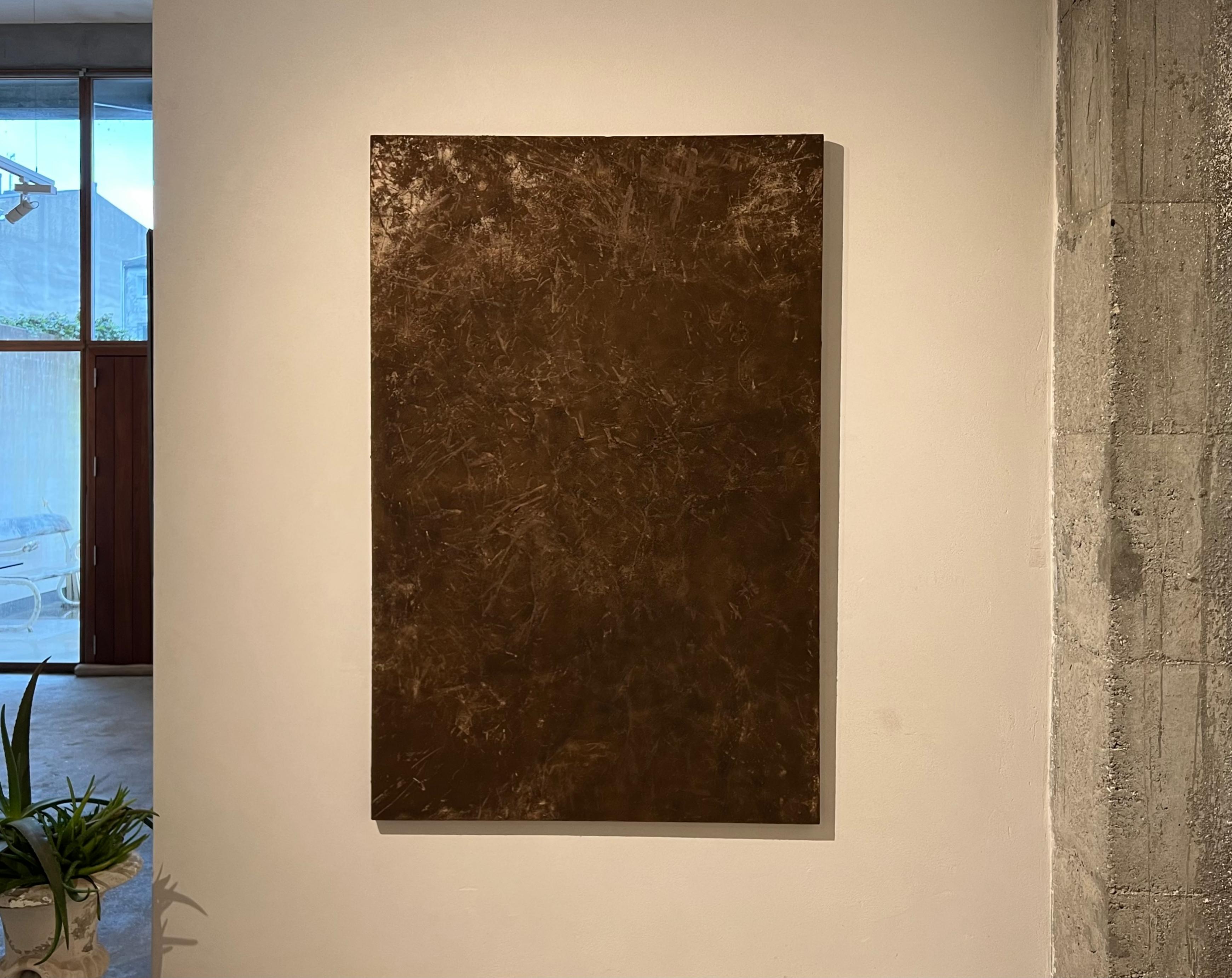 Large painting with soil, framed in pine wood, minimalist forest, brown. - Painting by TUSET