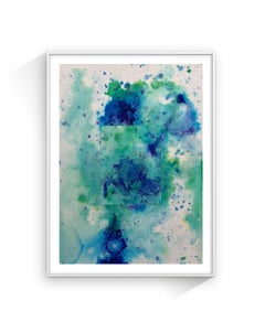 Pittura contemporanea blu e verde su carta, Paesaggio marino, Espressionista astratto