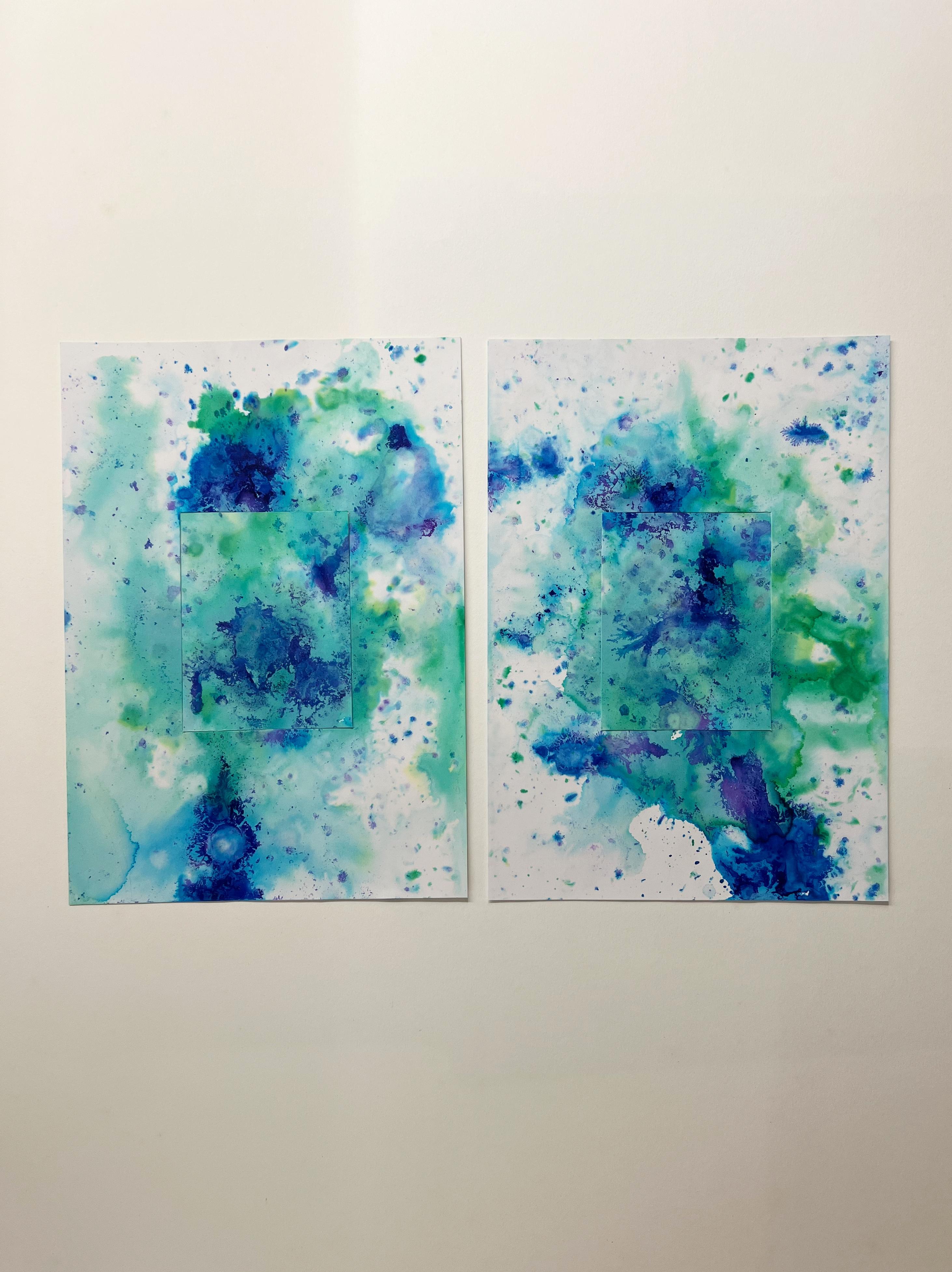 Zeitgenössische blaue und grüne Malerei auf Papier, Seelandschaft, Abstrakter Expressionist im Angebot 1