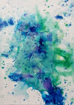 Contemporary blue and green painting on paper, Seascape, Abstract Expressionist