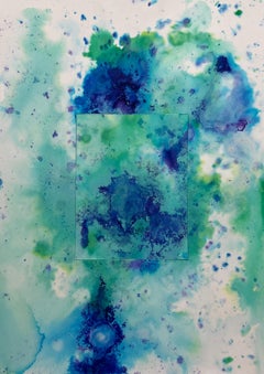 Zeitgenössische blaue und grüne Malerei auf Papier, Seelandschaft, Abstrakter Expressionist