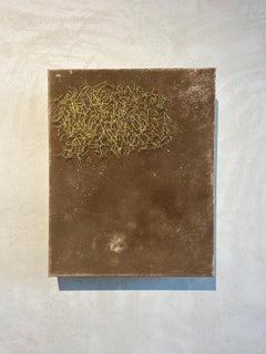 Blumenfarbe, Kalkgrün, genäht, Aluminiumrahmen, einzigartiges Stück, Wandteppich