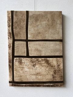 Leather paint and natural brown pigments on cotton mounted on pine wood