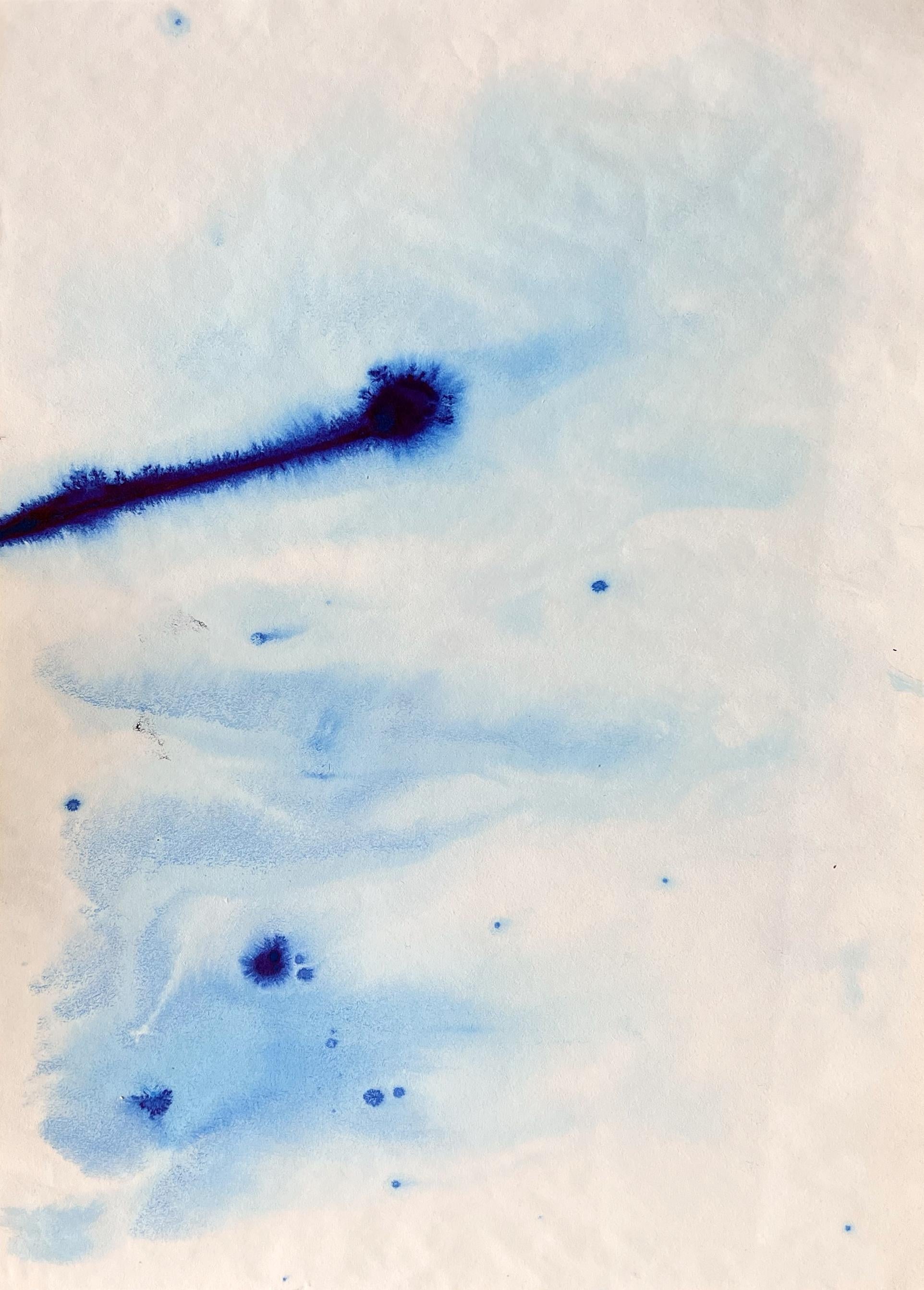 Set di 2 dipinti originali di espressionismo astratto su carta, mare blu (firmato) - Landscape Painting Grigio di TUSET