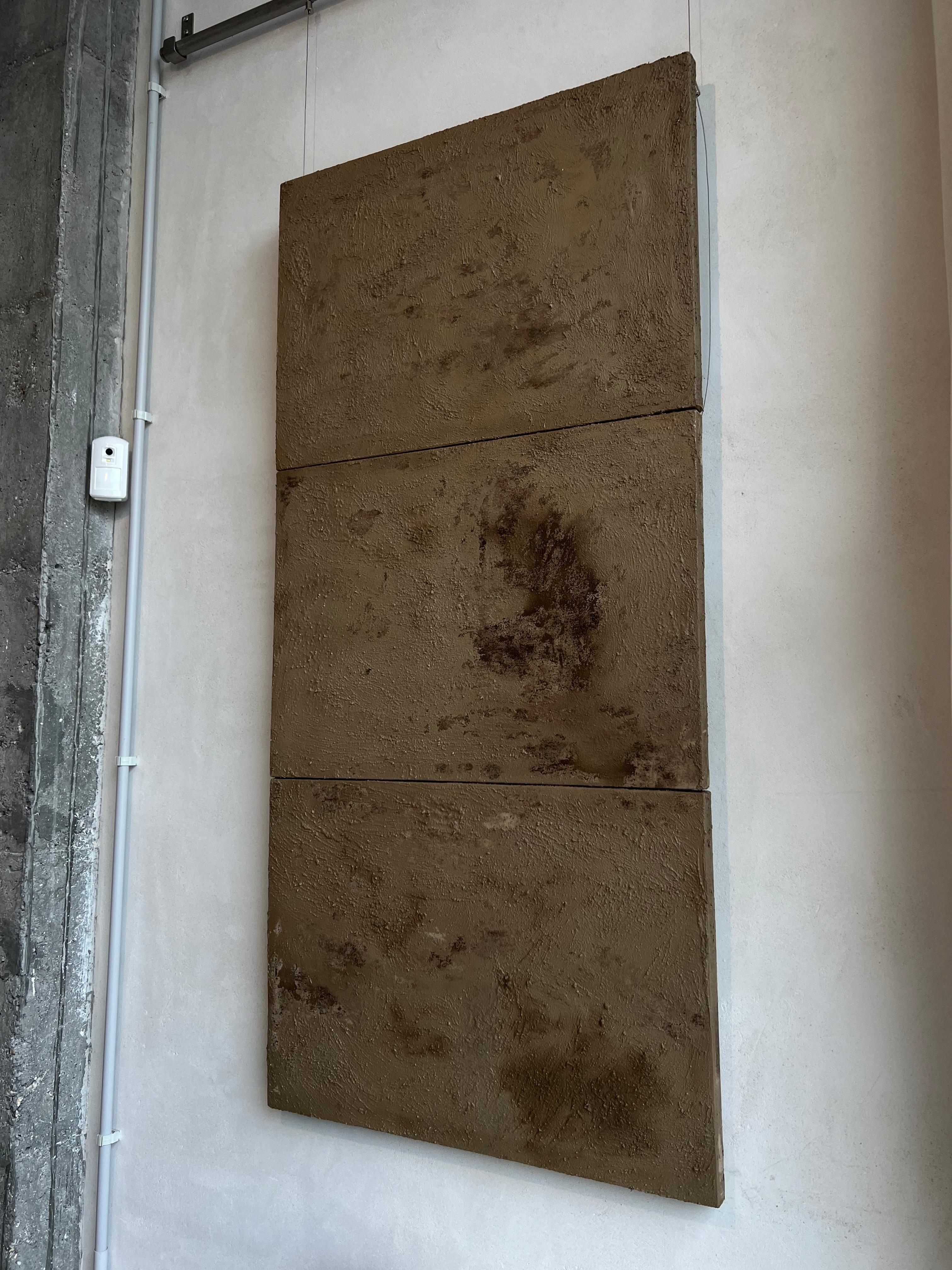 Triptych of cotton and soil, land art, chocolate brown, unique color and texture For Sale 2