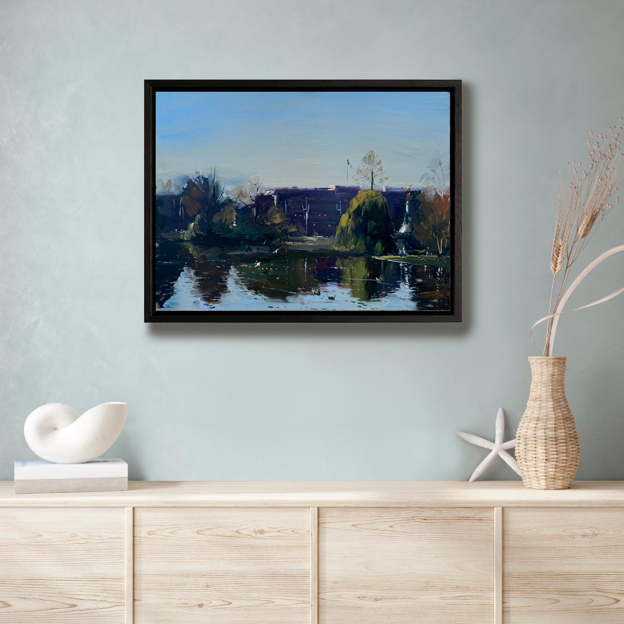 Buckingham Palace from St. James Park, landscape art, architecture art - Blue Still-Life Painting by Tushar Sabale 