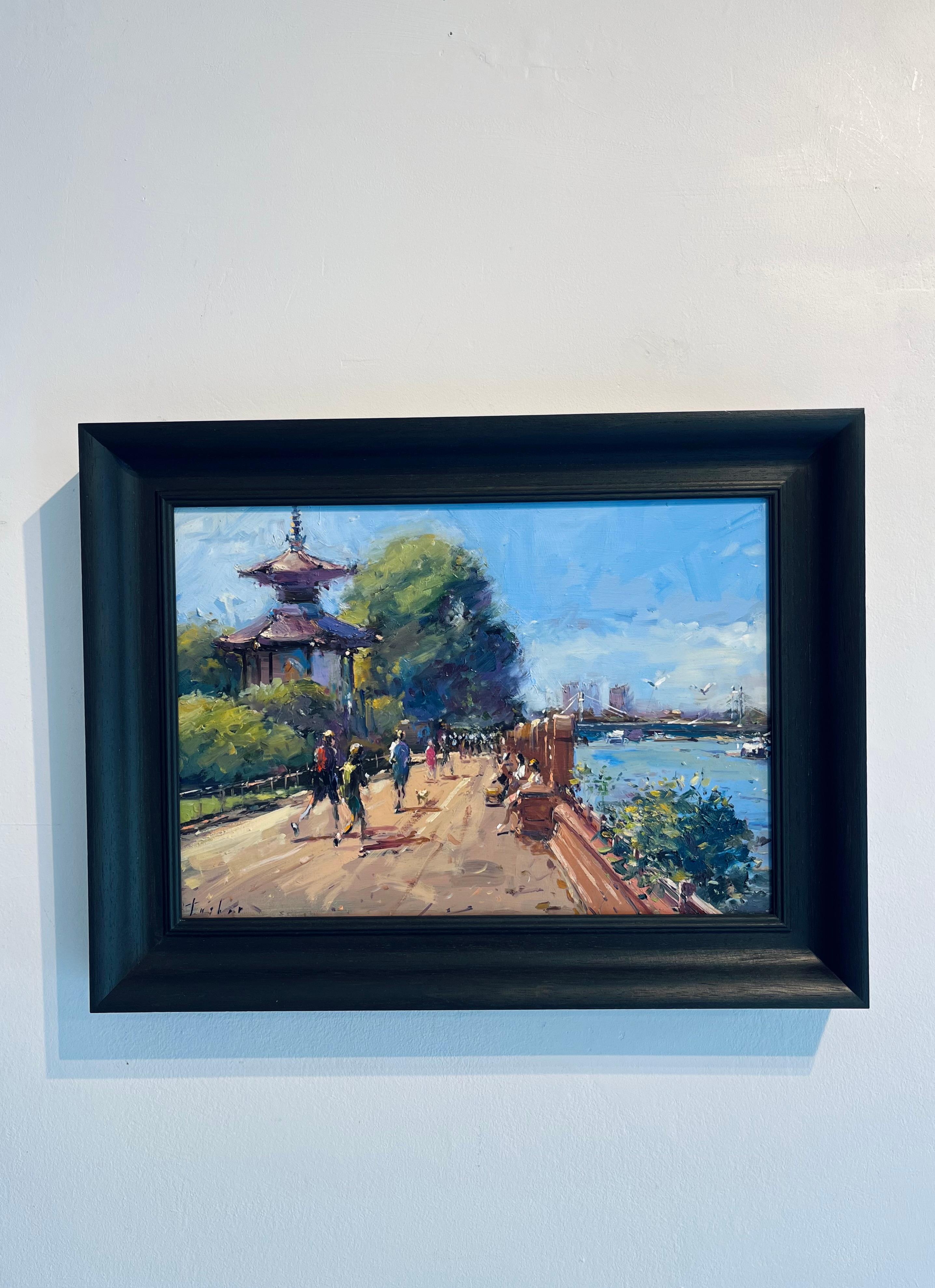 Joggers at Battersea Park-original impressionism cityscape oil painting-Artwork - Painting by Tushar Sabale