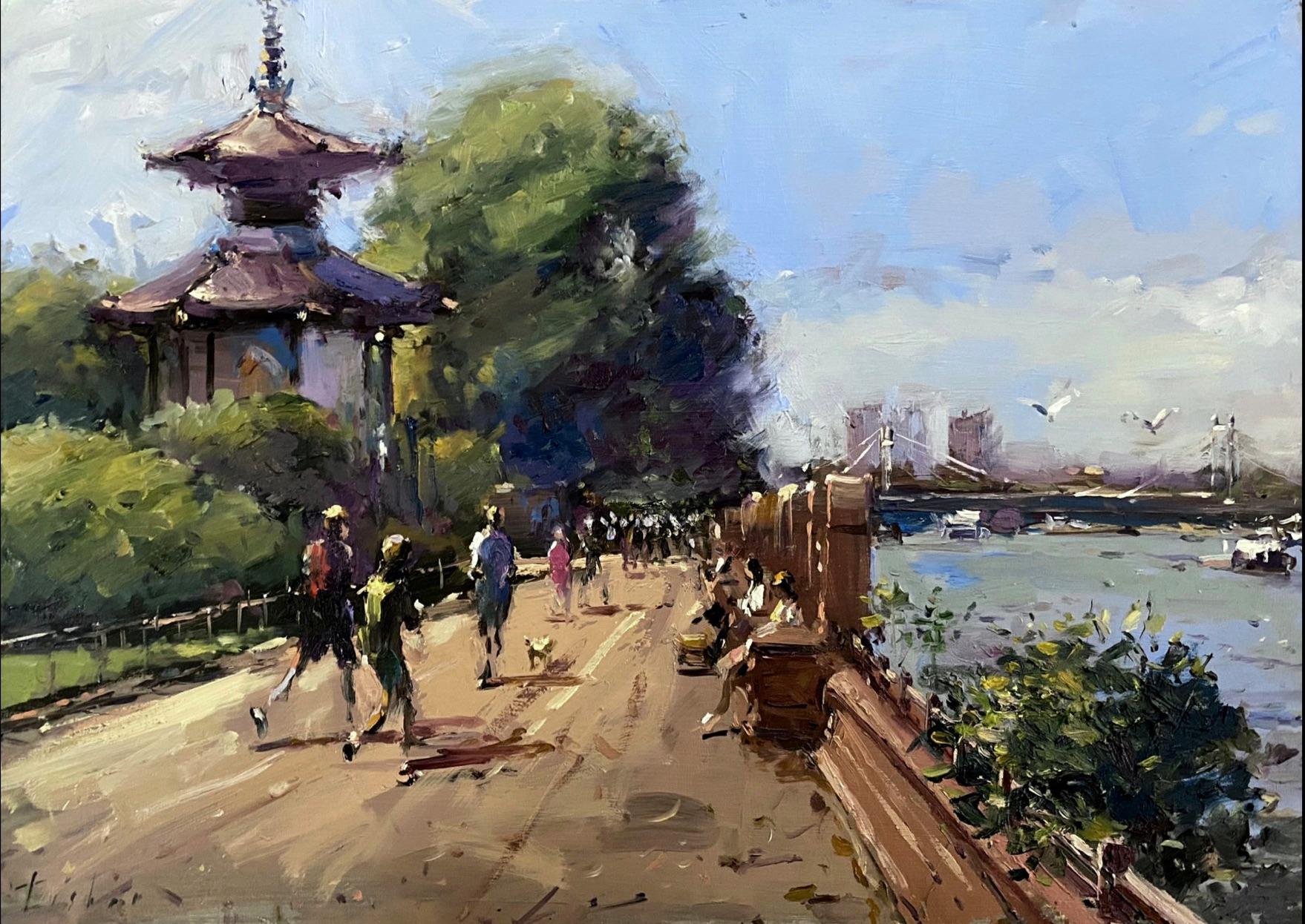 Joggers at Battersea Park-original impressionism cityscape oil painting-Artwork - Impressionist Painting by Tushar Sabale