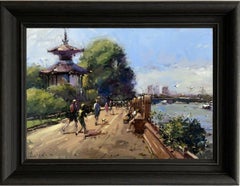 Joggers at Battersea Park – Original-Impressionismus-Stadtlandschaft, Ölgemälde-Kunstwerk