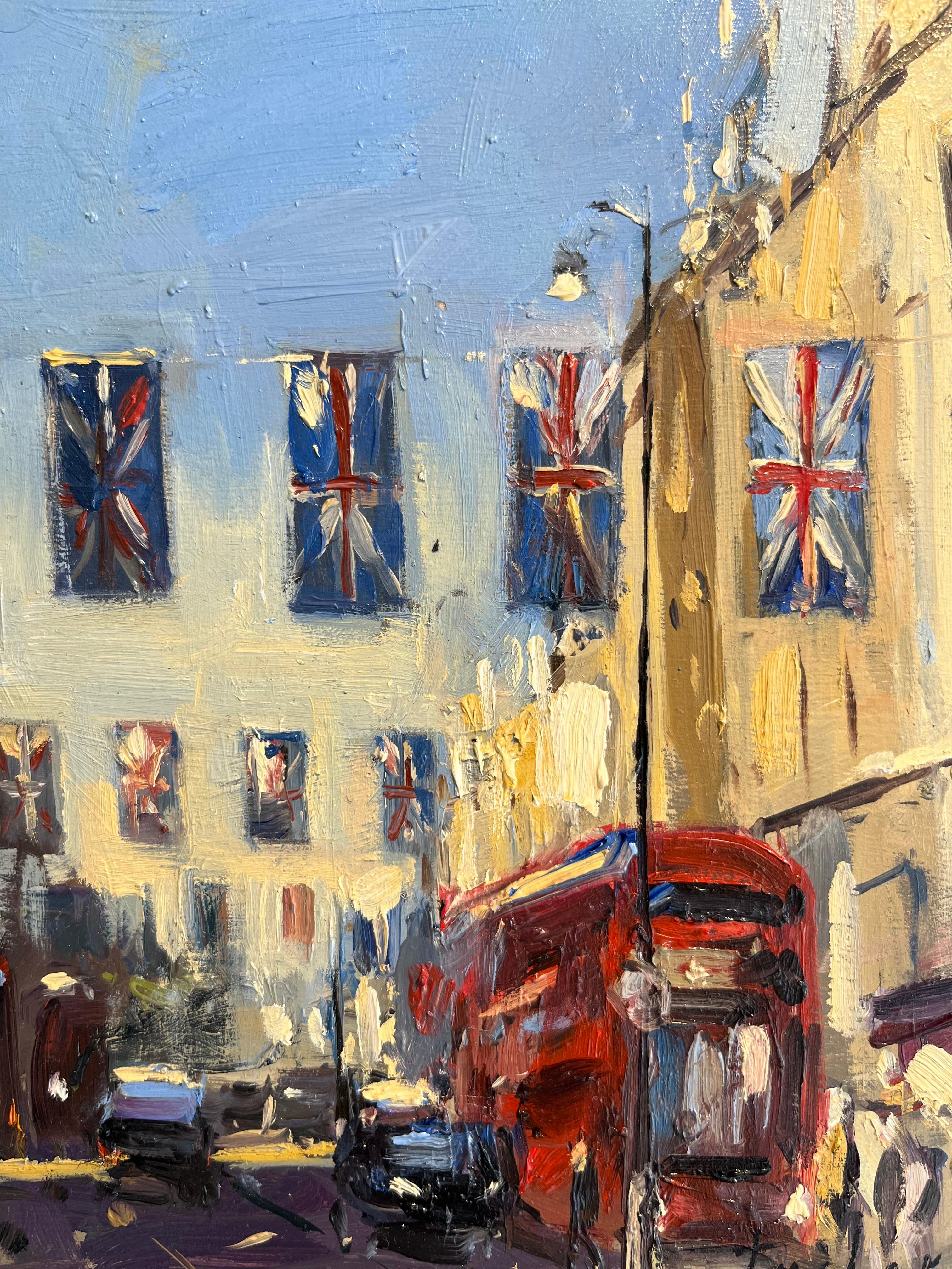 Jubilee Flags at the Strand-original impressionism London cityscape oil painting For Sale 1