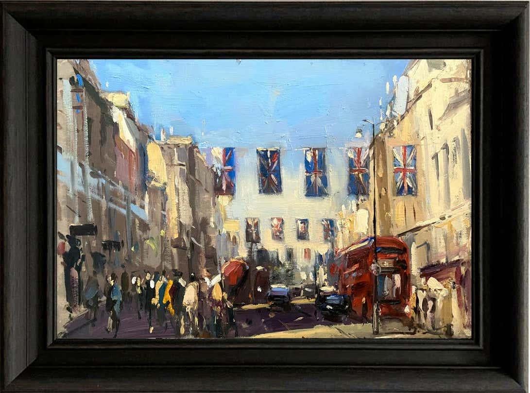 Jubilee Flags at the Strand-original impressionism London cityscape oil painting