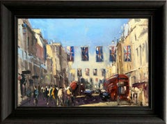 Les drapeaux des célébrations au Strand - impressionnisme d'origine - paysage urbain londonien à l'huile