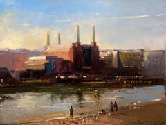 Low Tide at the Battersea Power Station - oil landscape impressionist figurative