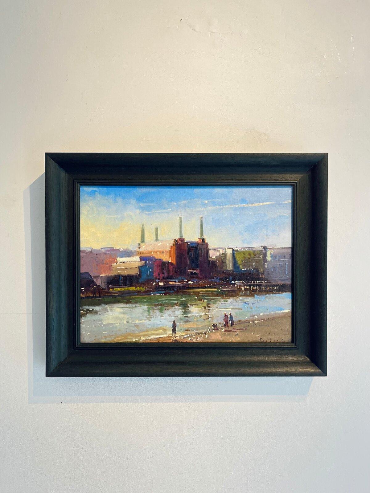 Low Tide, Battersea Power Station-original impressionism cityscape oil painting - Painting by Tushar Sabale