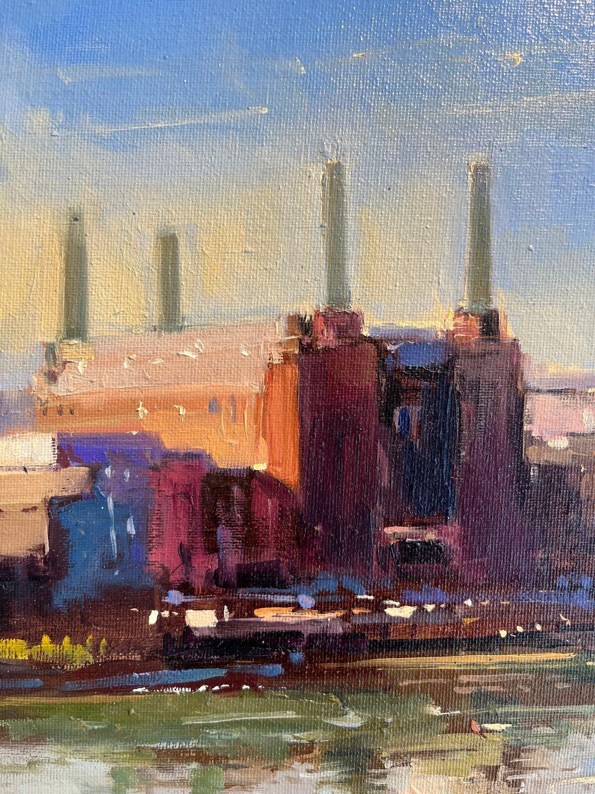 Low Tide, Battersea Power Station-Ölgemälde, Original-Impressionismus-Stadtlandschaft, Ölgemälde im Angebot 1