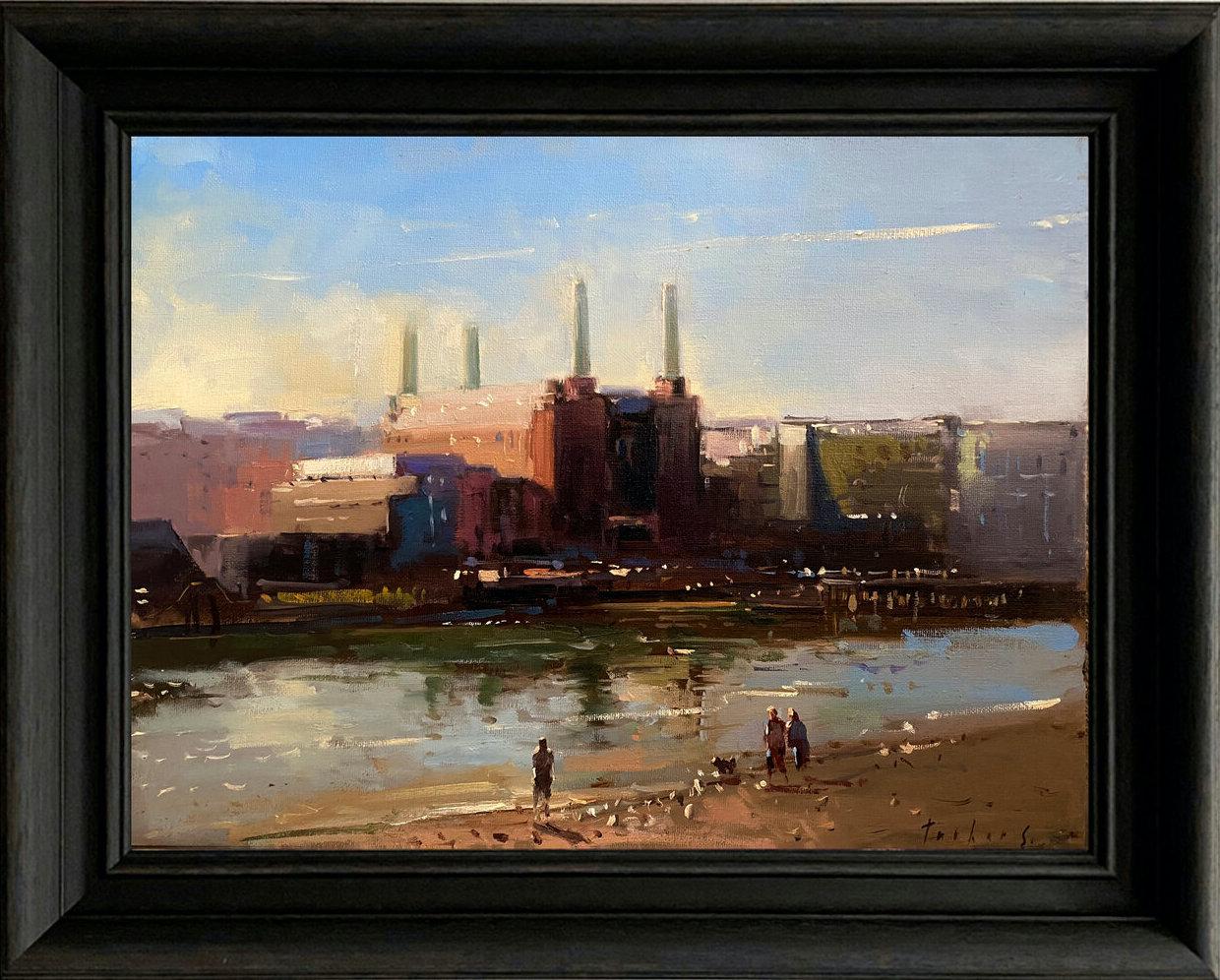 Landscape Painting Tushar Sabale - Low Tide, Battersea Power Station, peinture à l'huile impressionniste originale de paysage urbain