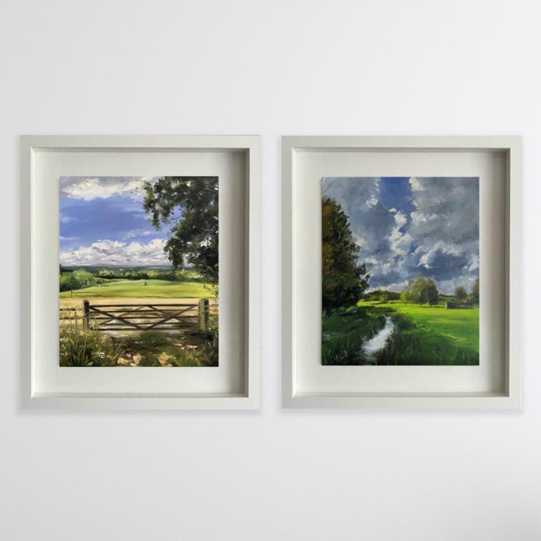 Cotswold Landscape Diptych, Tushar Sabale, Two Original Paintings, Village Art - Gray Landscape Painting by Tushar Sabale