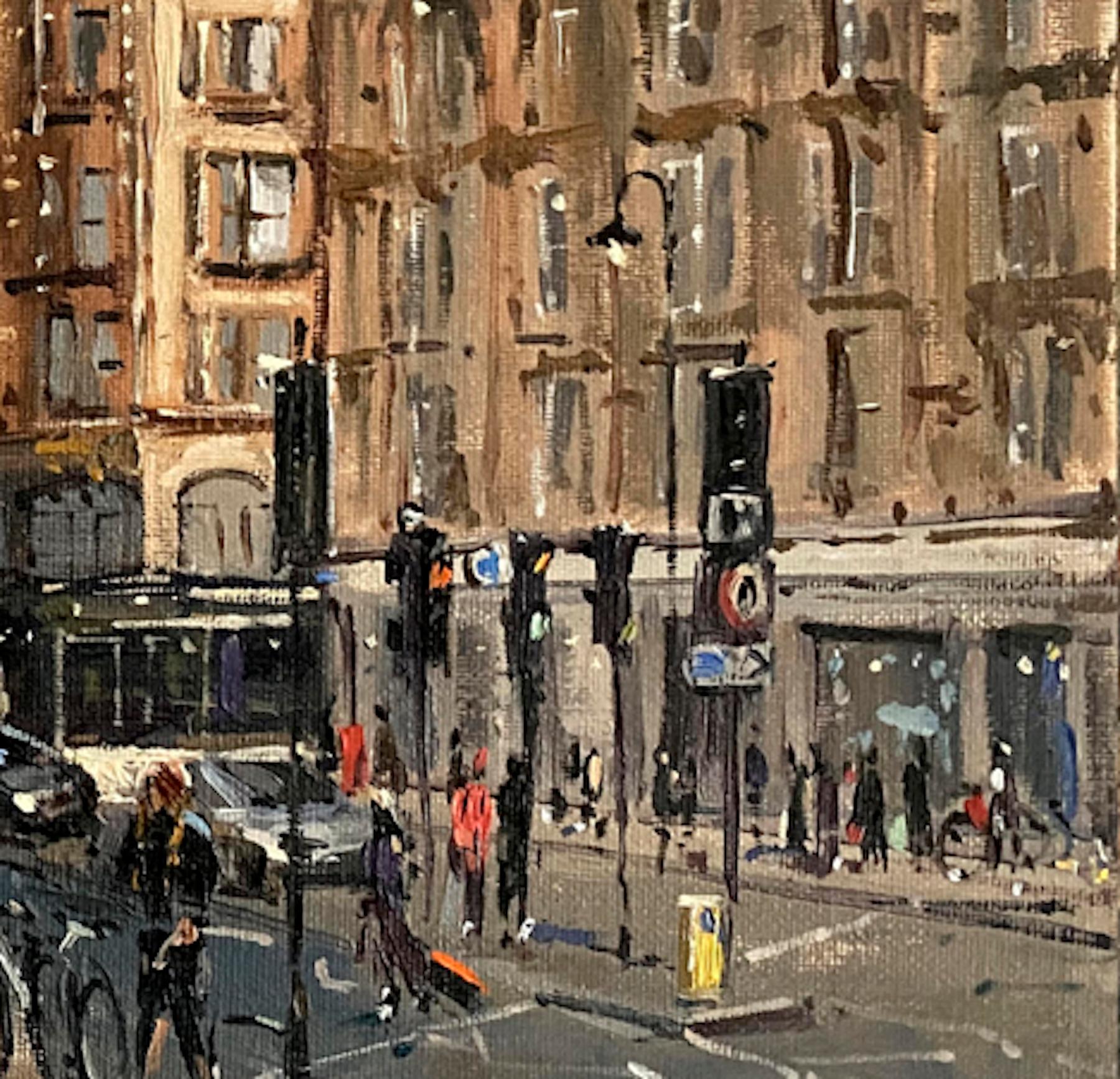 Harrods, London, Impressionist Style Cityscape Painting, Traditional London Art - Brown Landscape Painting by Tushar Sabale