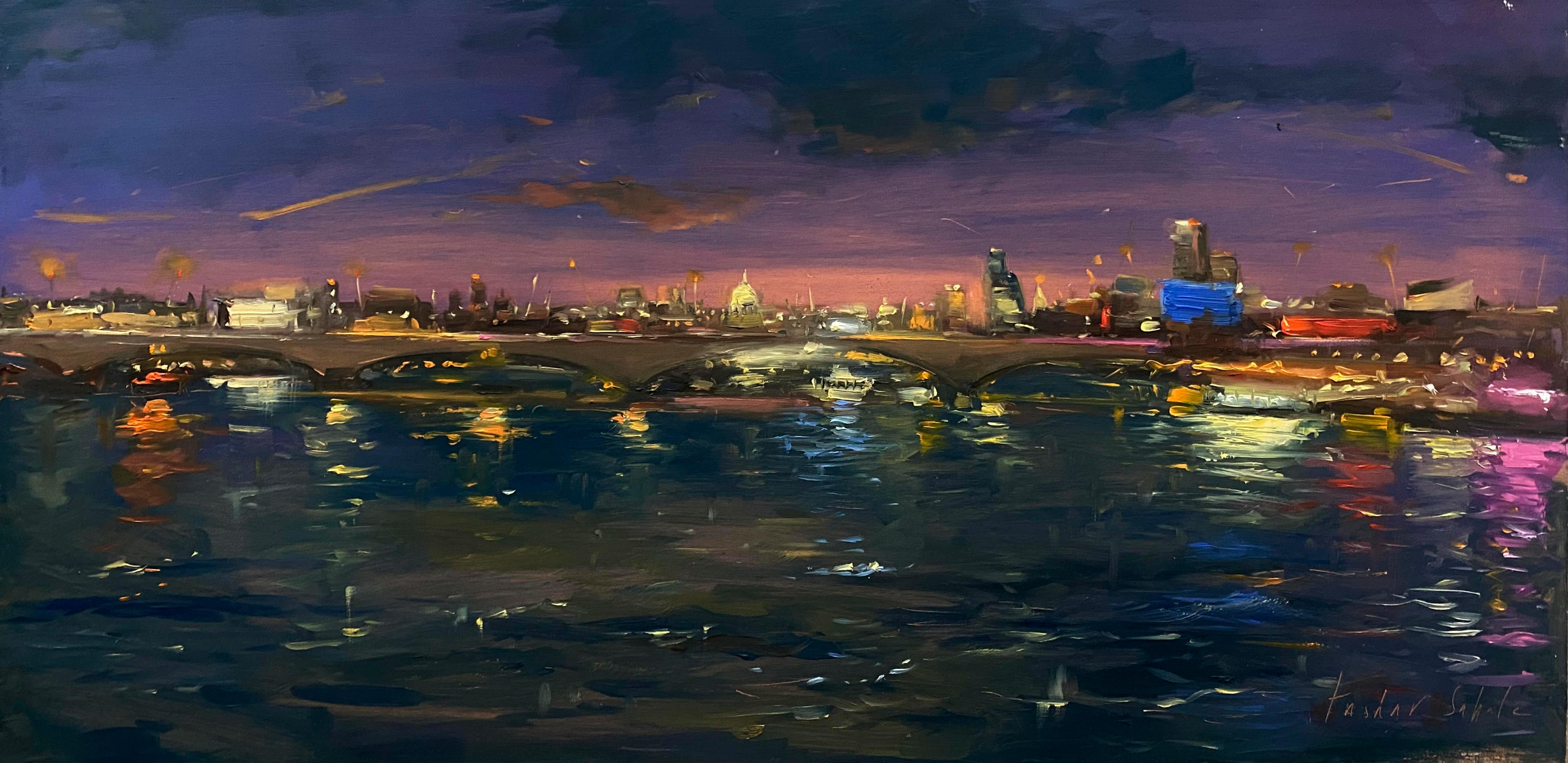 London Skyline and Thames at Night, Original Contemporary Impressionism painting