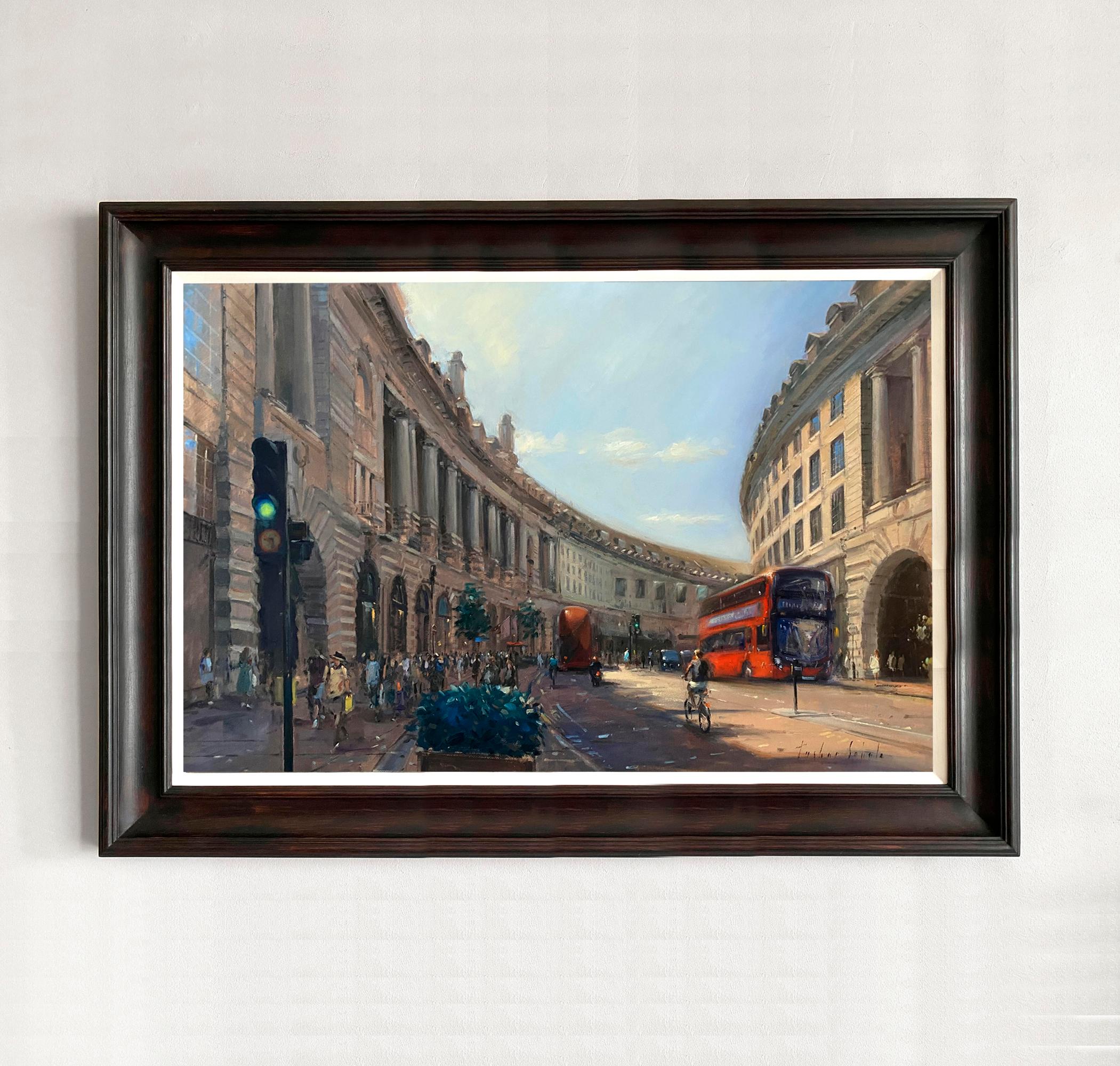 Summer Shoppers on Regent Street - cityscape impressionism - contemporary art - Painting by Tushar Sabale