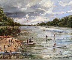 Tushar Sabale, Paddle Boarders in Richmond, Original Oil Painting, Art Online
