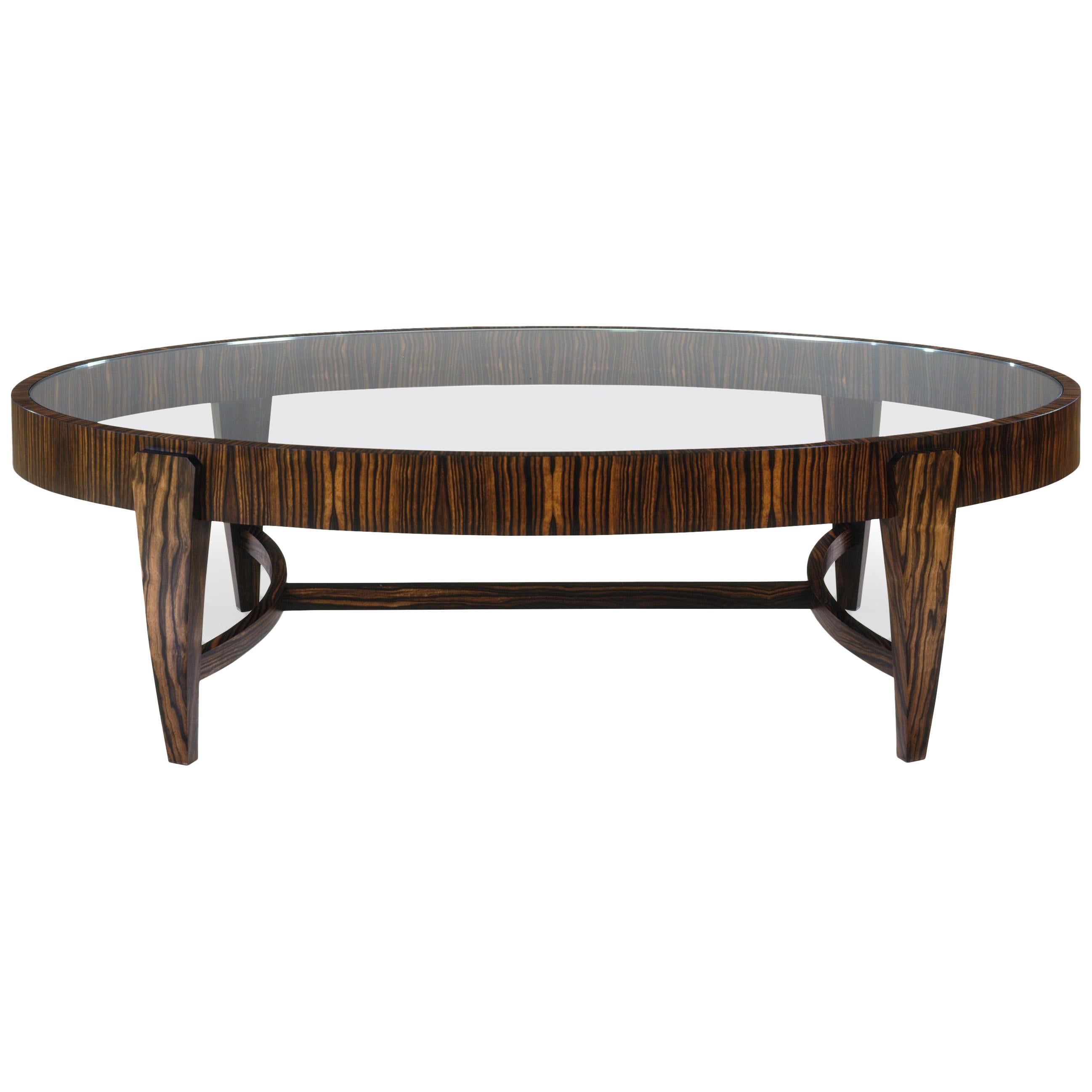 Tusk Oval Coffee Table, Contemporary Handmade Macassar Ebony and Glass