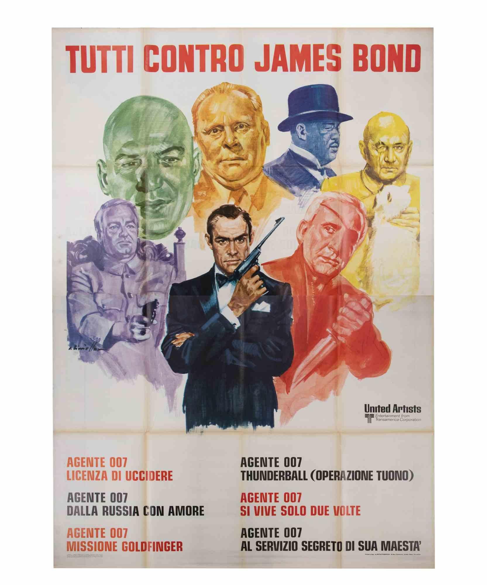 Poster litografico a colori per una retrospettiva di Bond in Italia, con Sean Connery al centro e ritratti dipinti dei cattivi di Bond. Opera attribuita a Renato Casaro. Piegato come da edizione. Condit: B+, con linee di piegatura orizzontali e