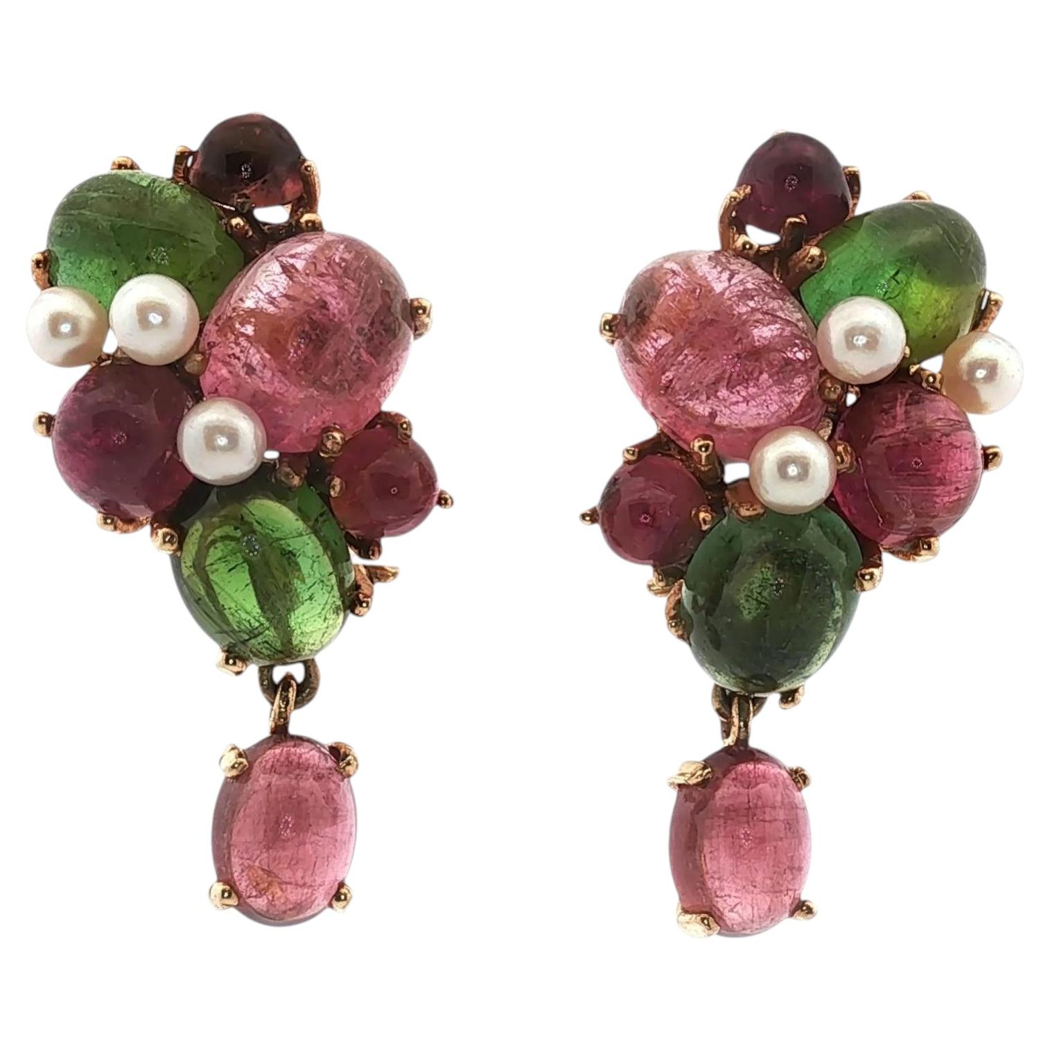 Tutti Frutti 14 Karat Yellow Gold Colorful Tourmaline Gemstone Dangle Earrings