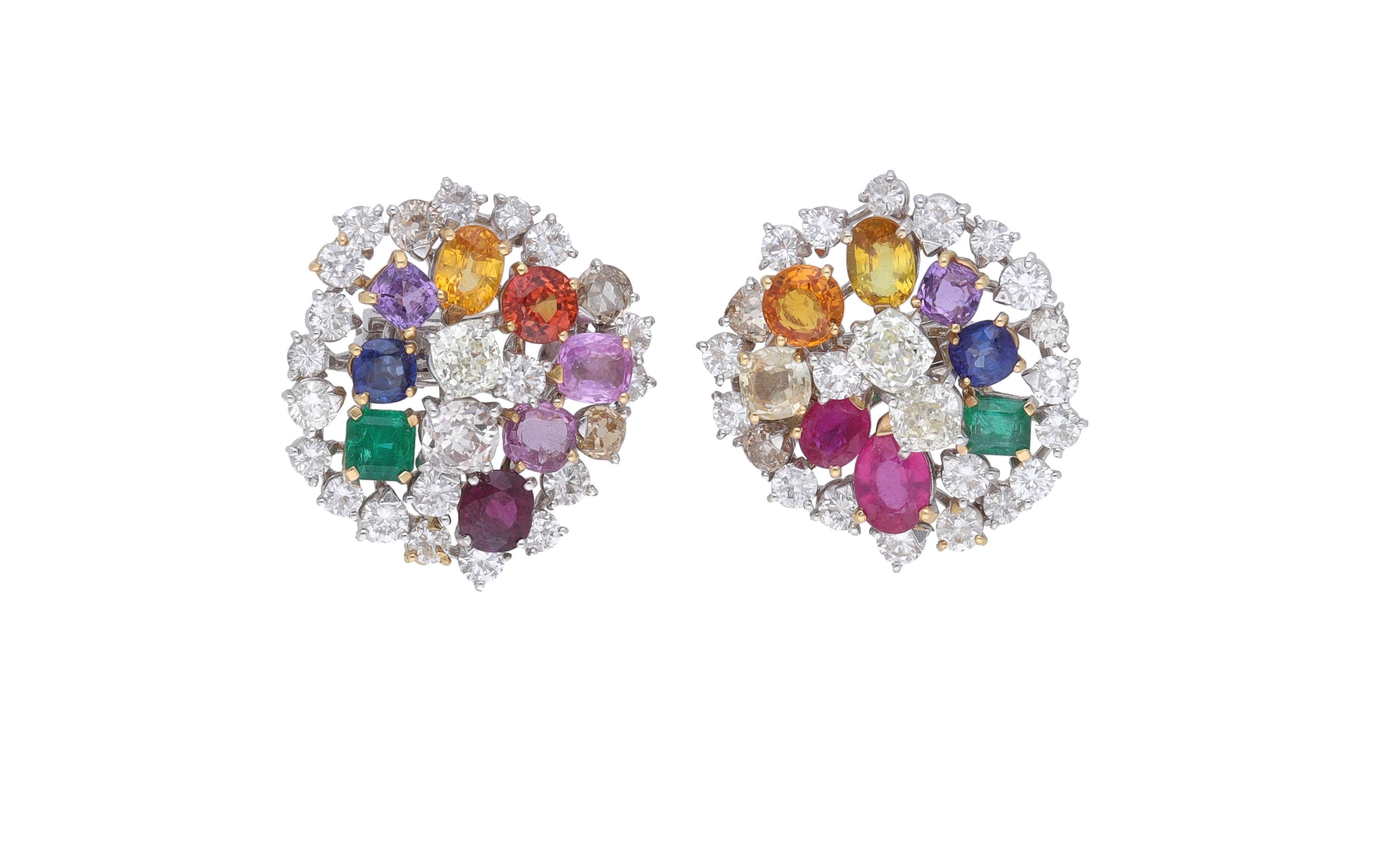 Fraleoni 18 Karat White Gold Diamonds Rubies Emeralds Sapphires Earrings In New Condition For Sale In Rome, IT