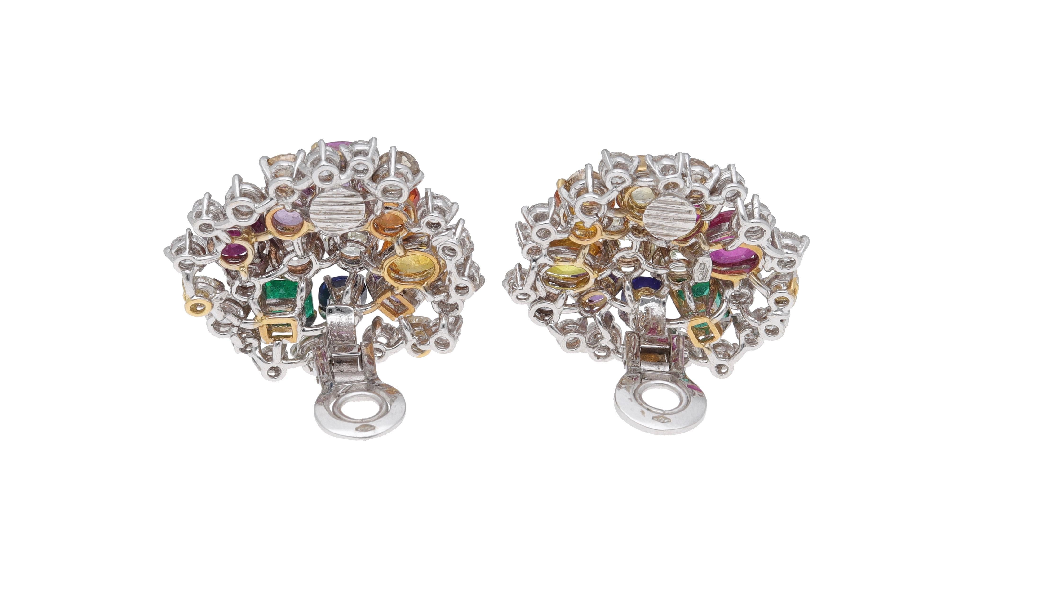 Fraleoni, boucles d'oreilles en or blanc 18 carats, diamants, rubis, émeraudes et saphirs en vente 2